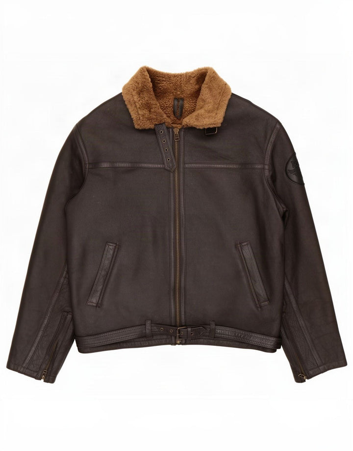 Vintage męska kurtka shearling UK 46 3XL brązowa skóra owcza