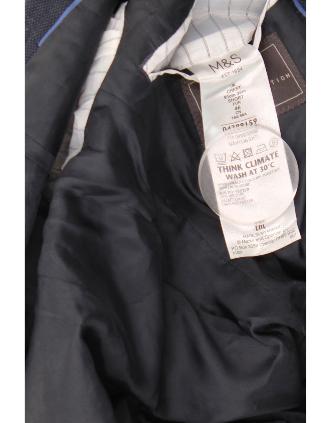 Marks & Spencer Męska marynarka slim fit z 2 guzikami, UK 36, mała, granatowa