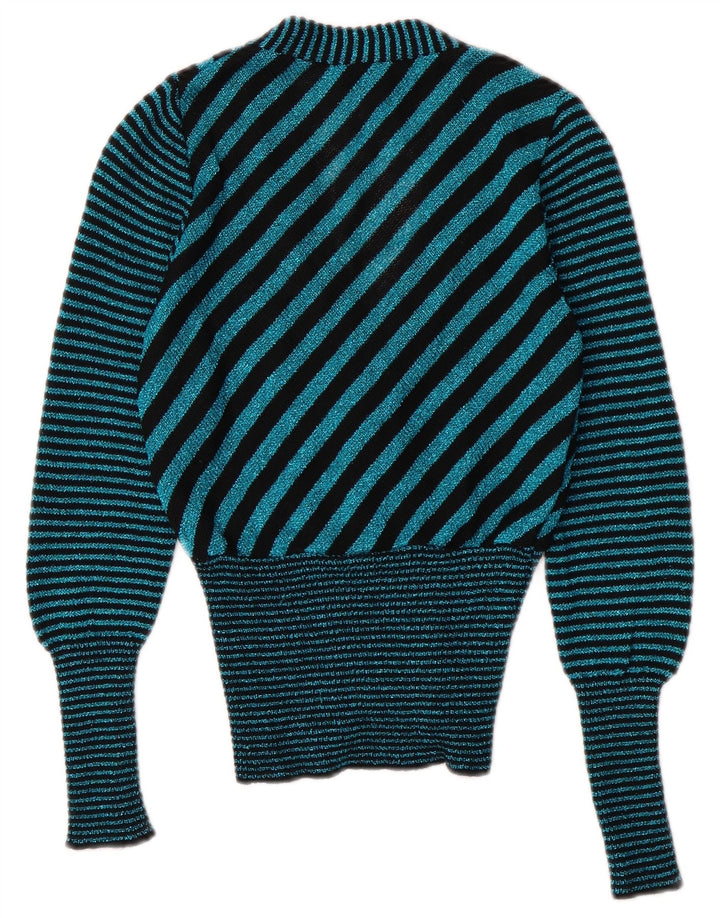 Sweter damski w stylu vintage z dekoltem w kształcie litery V, UK 6 XS, w turkusowe paski