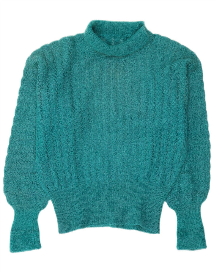 Vintage damski sweter z golfem UK 14 średni turkus