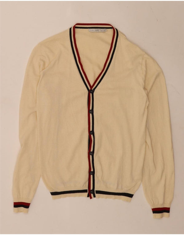 Zara Mens Cardigan Sweater XL Beige Striped Acrylic