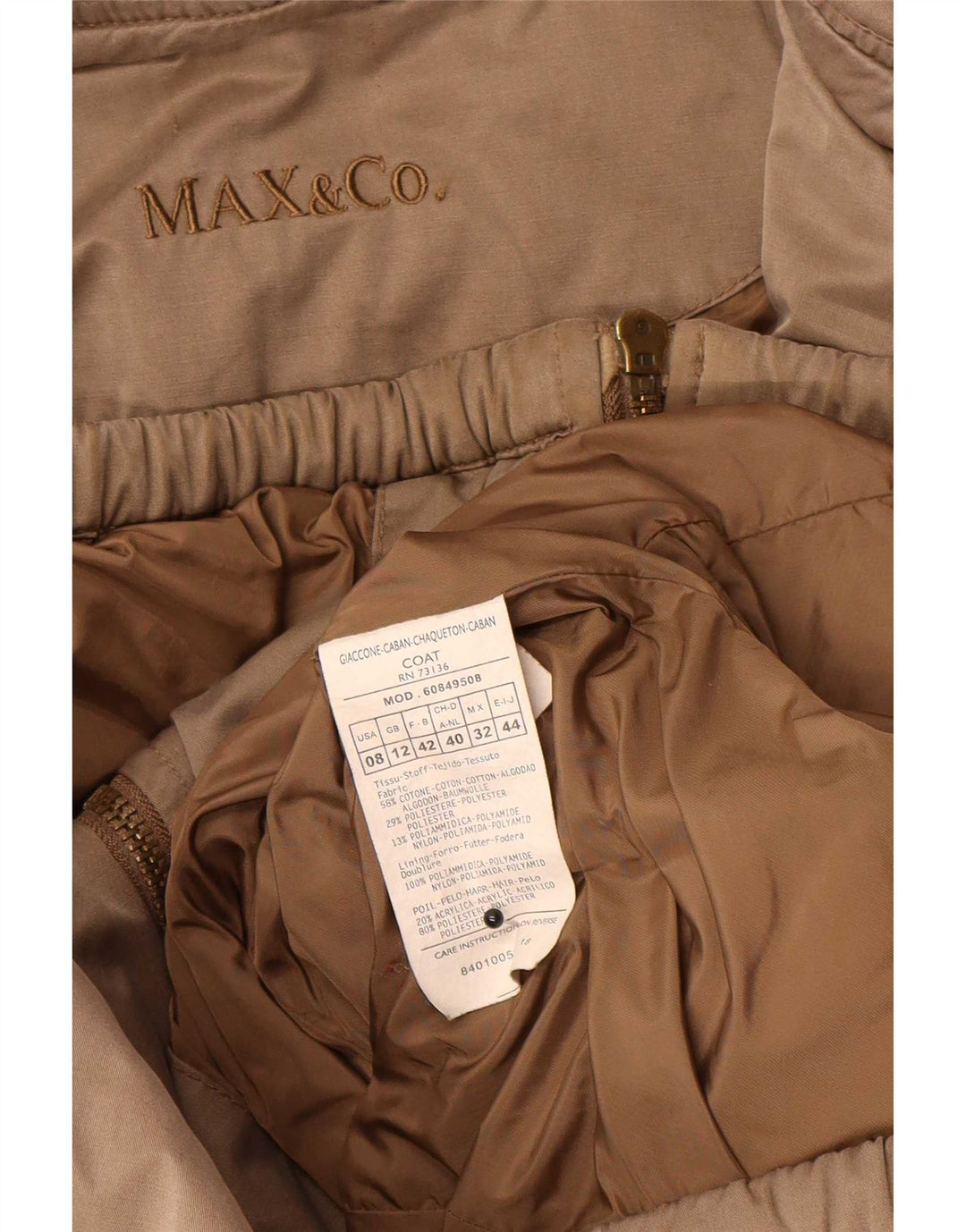 Damski ocieplany płaszcz z kapturem Max & Co. UK 12, średniobrązowy, bawełniany
