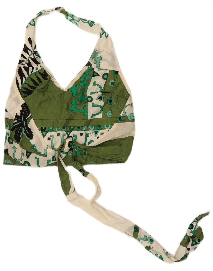VINTAGE Womens Abstract Pattern Crop Halter Top UK 8 Small Green