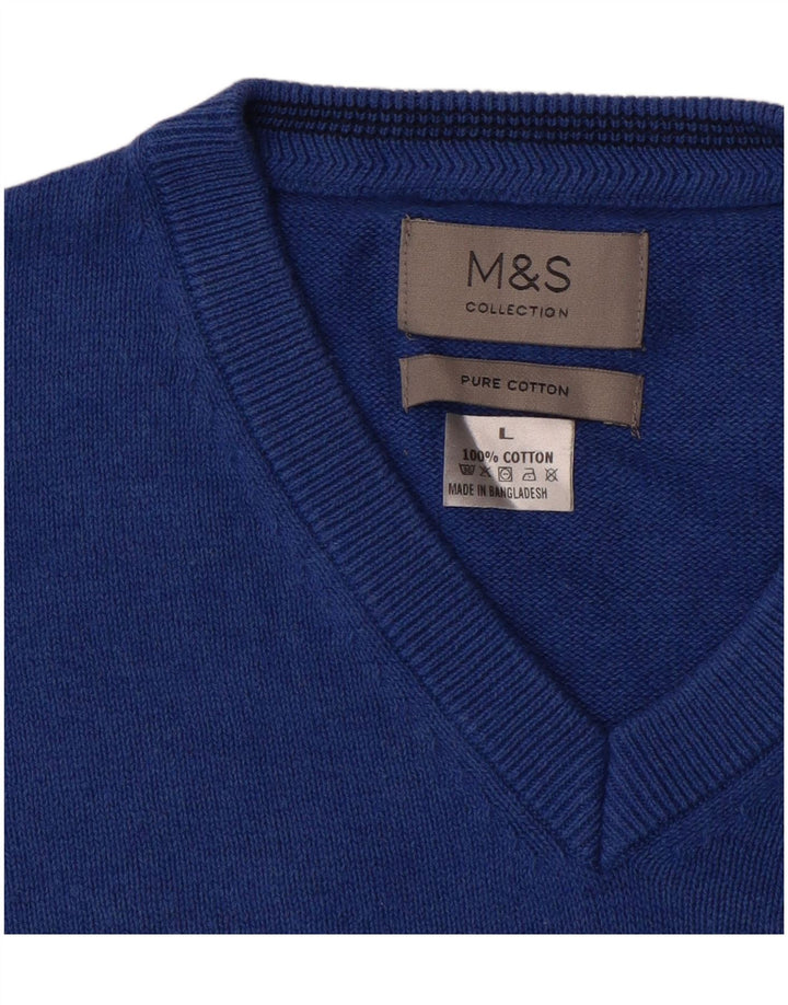 Marks & Spencer Męski sweter z dekoltem w kształcie litery V, duży, niebieski, bawełniany