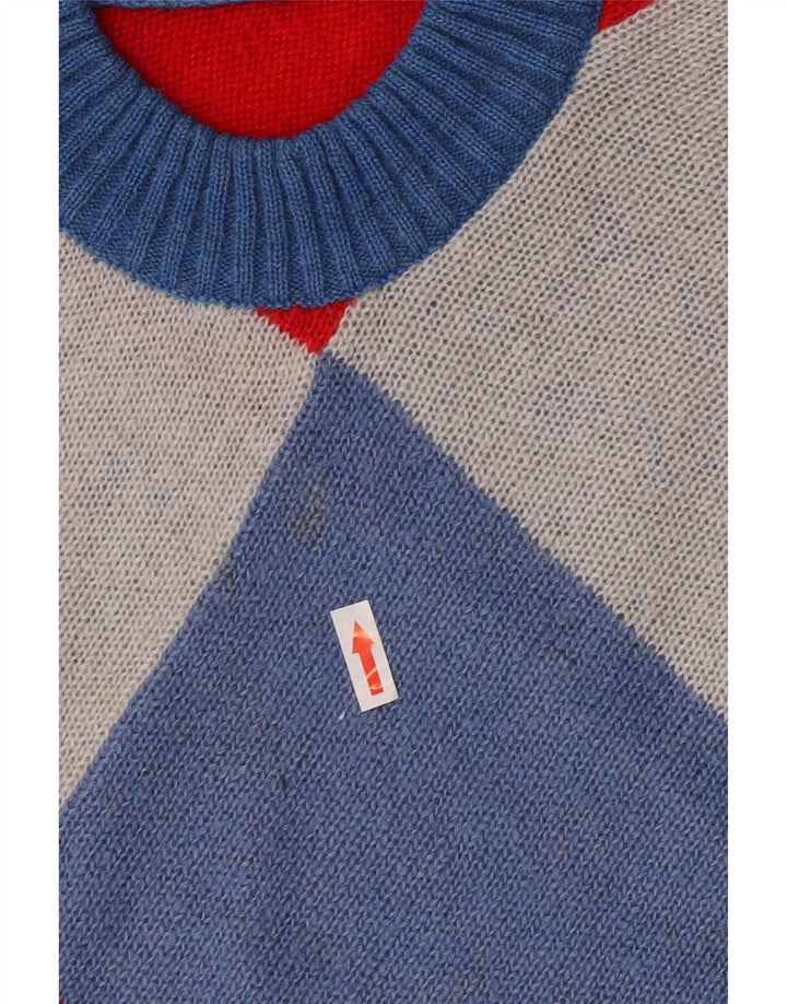 Vintage męski sweter z wycięciem pod szyją, mały, wielobarwny Argyle/diament