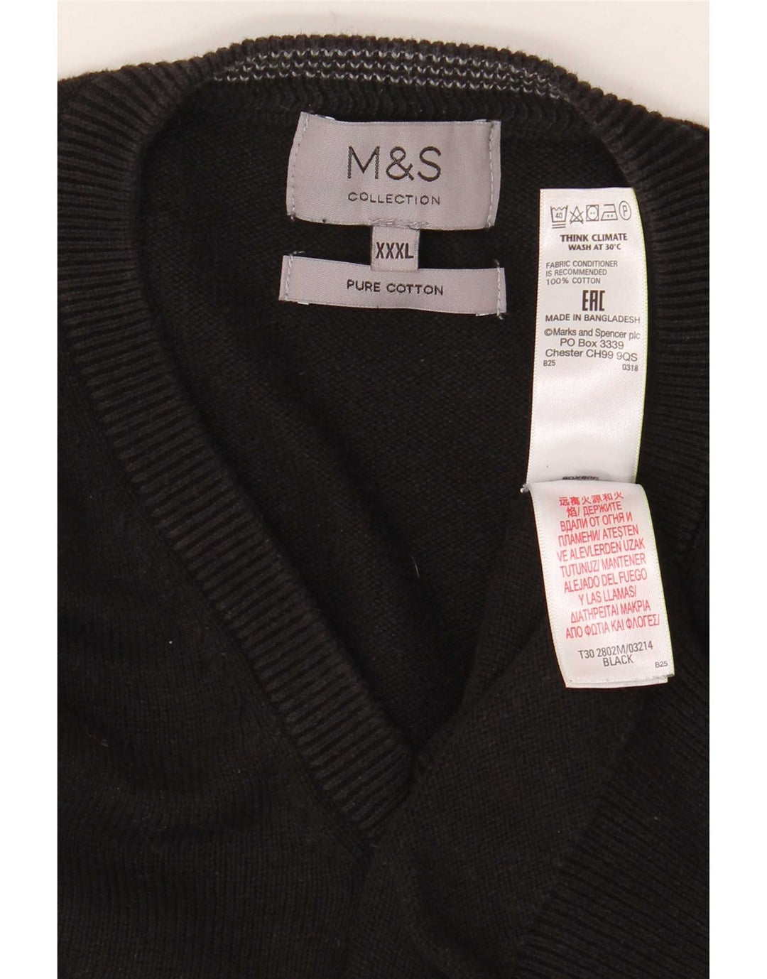 Marks & Spencer Męski sweter z dekoltem w kształcie litery V, 3XL, czarny, bawełniany