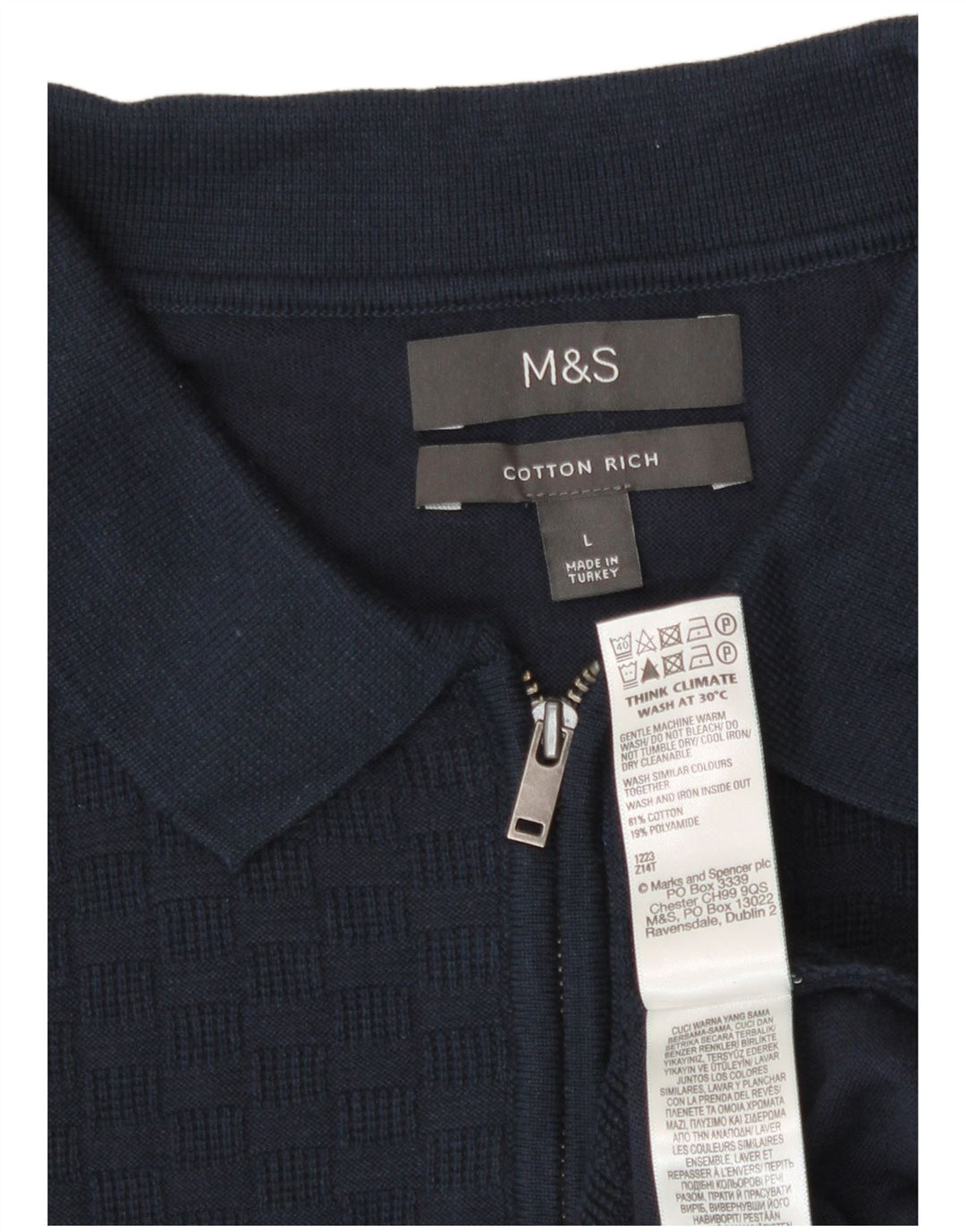 Marks & Spencer Męski sweter polo, duży, granatowy, geometryczny