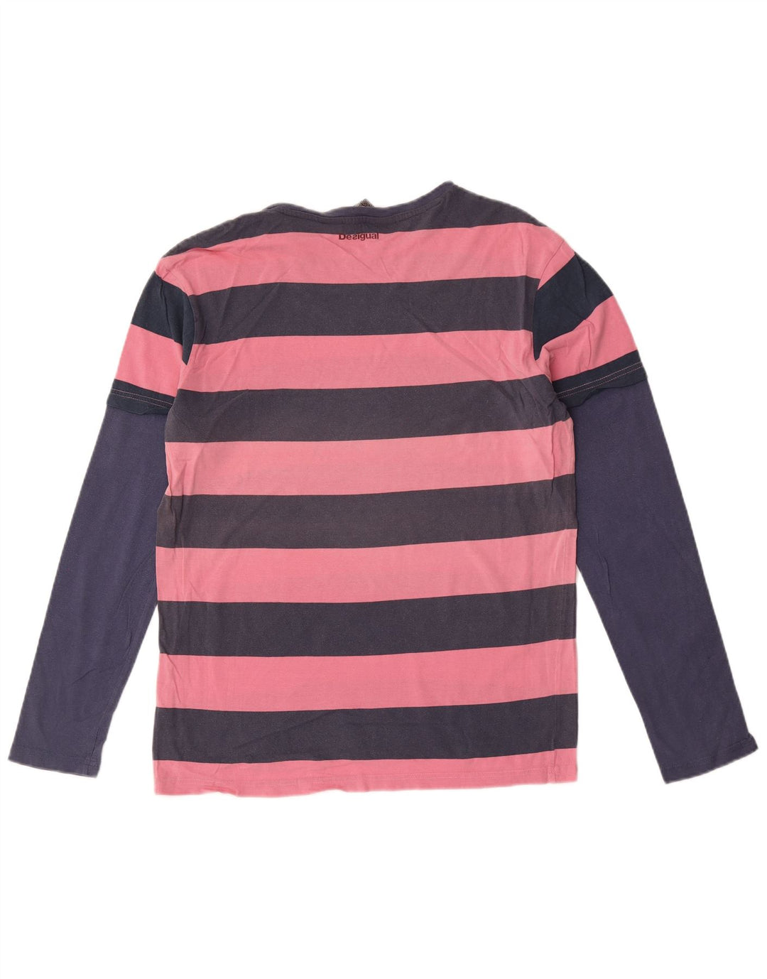 Desigual męski graficzny top z długim rękawem, duży, różowy, bawełniany w paski