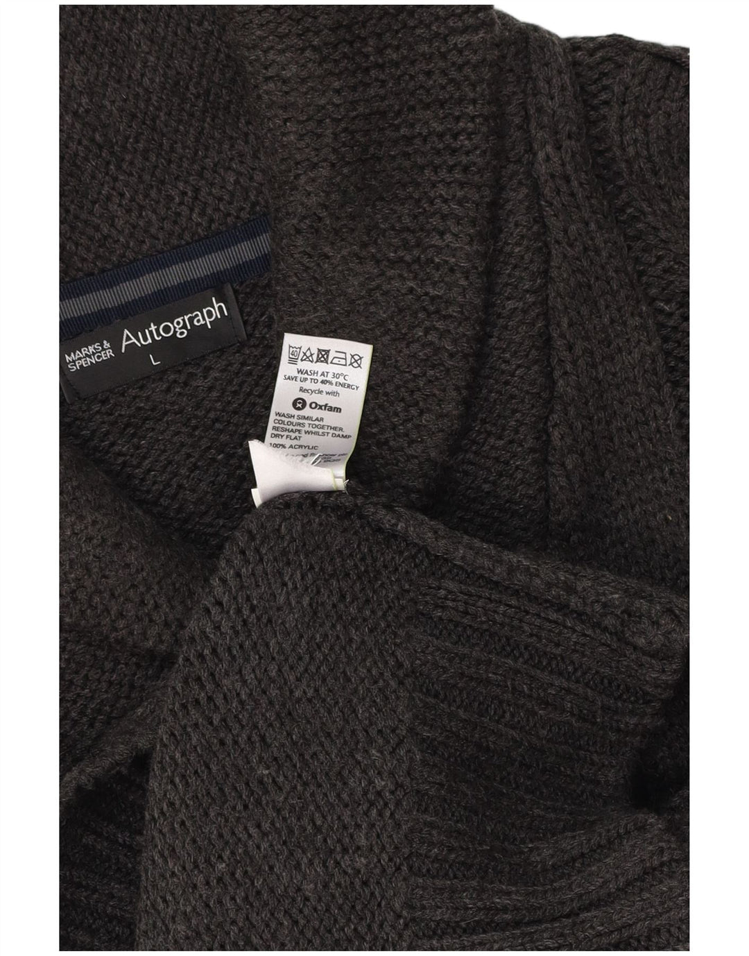 MARKS & SPENCER Męski sweter z szalowym dekoltem i autografem, duży, szary