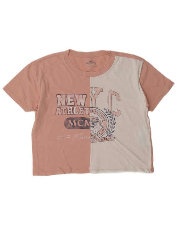 Damski T-shirt Hollister Crop Graphic Top UK 10 Small Pink Colorblock