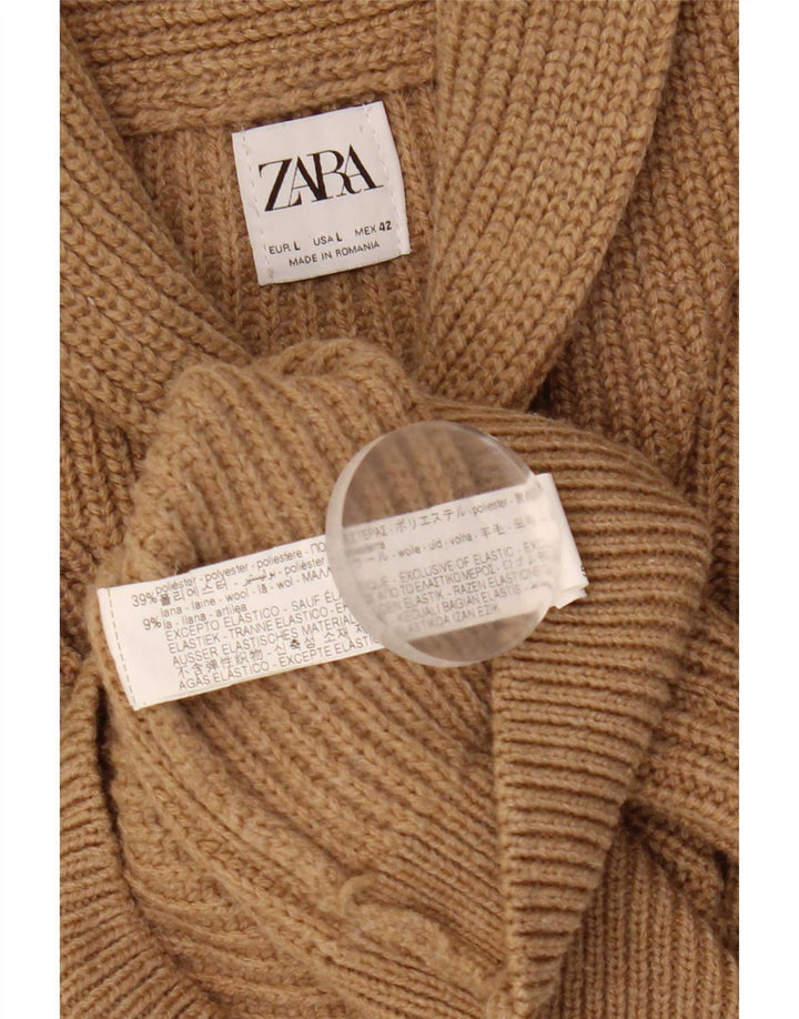 Męski sweter Zara z szalowym dekoltem, duży, beżowy, akrylowy