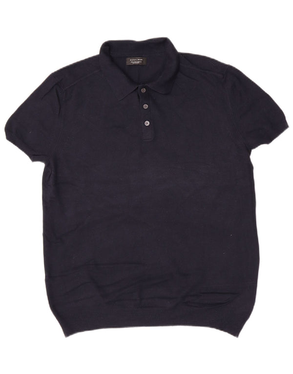 Zara Męski sweter polo z krótkim rękawem, duży, granatowy