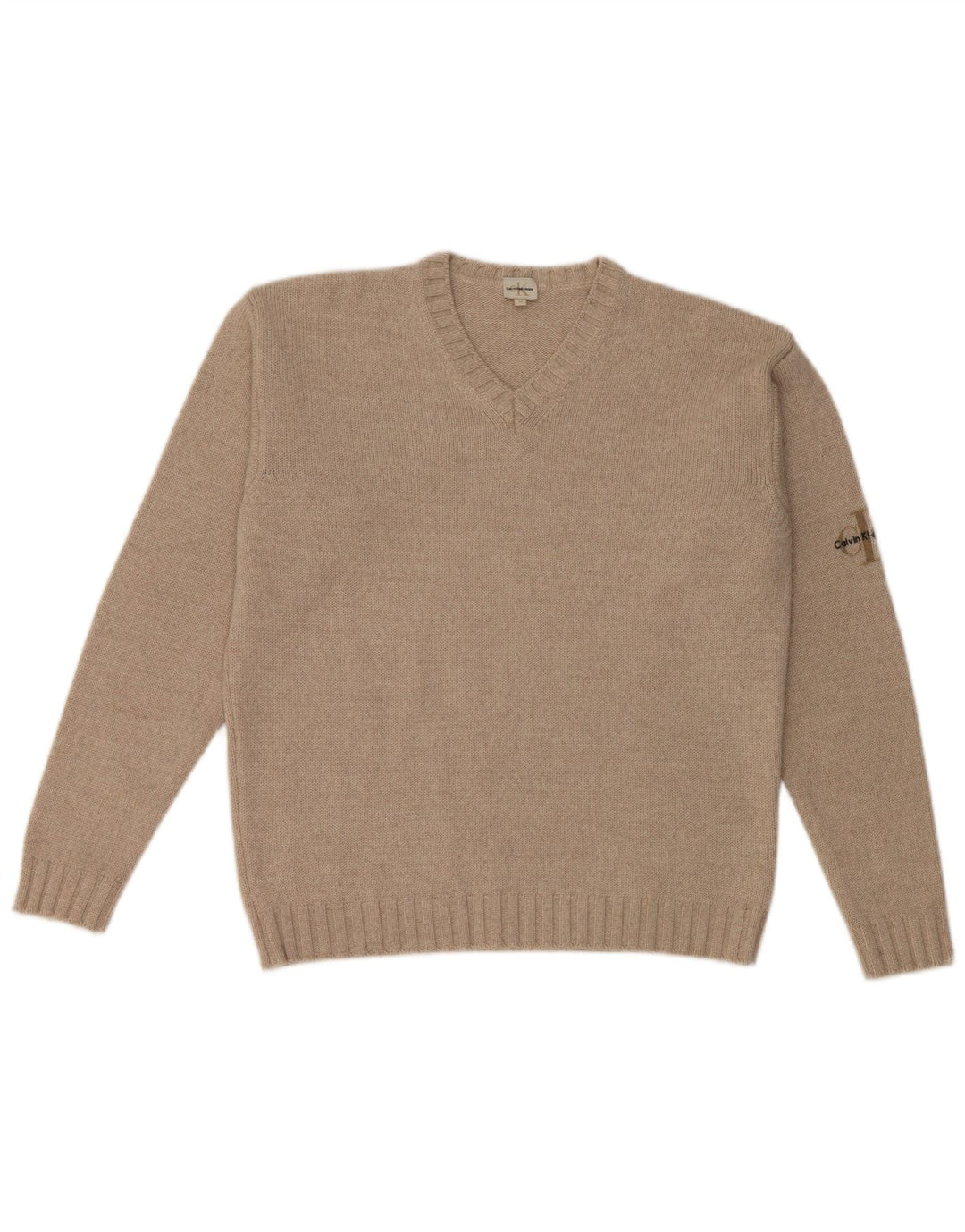 Męski sweter Calvin Klein z dekoltem w kształcie litery V, średnio beżowy, wełna merynosów