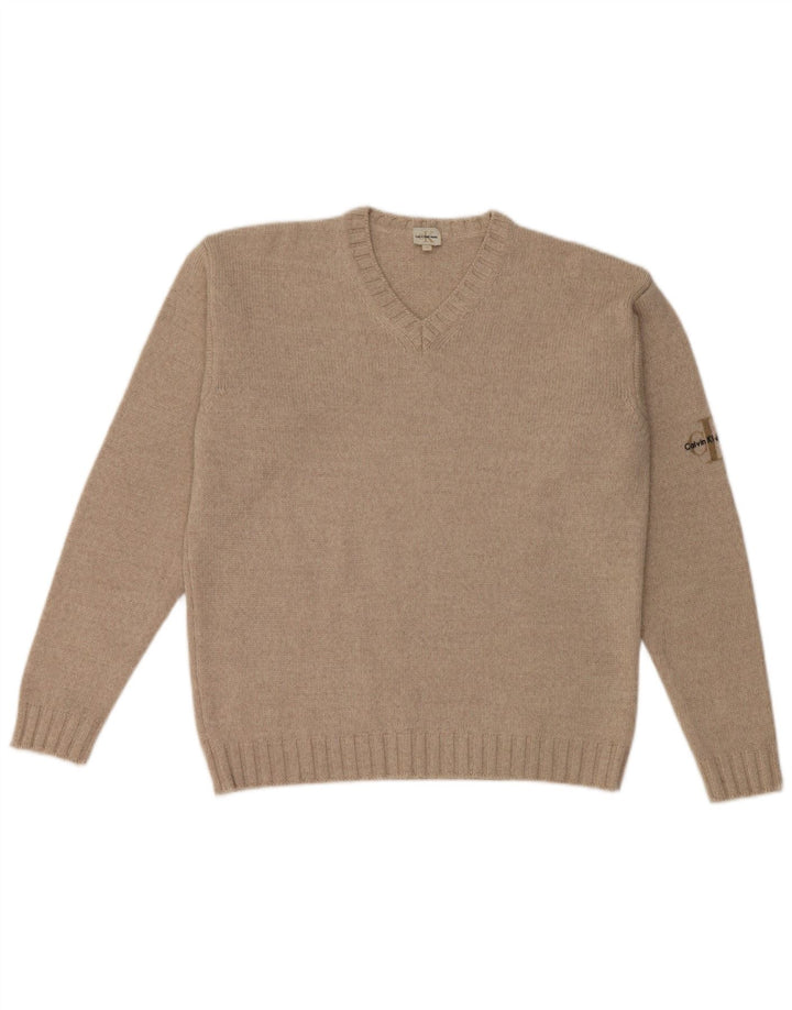 Męski sweter Calvin Klein z dekoltem w kształcie litery V, średnio beżowy, wełna merynosów