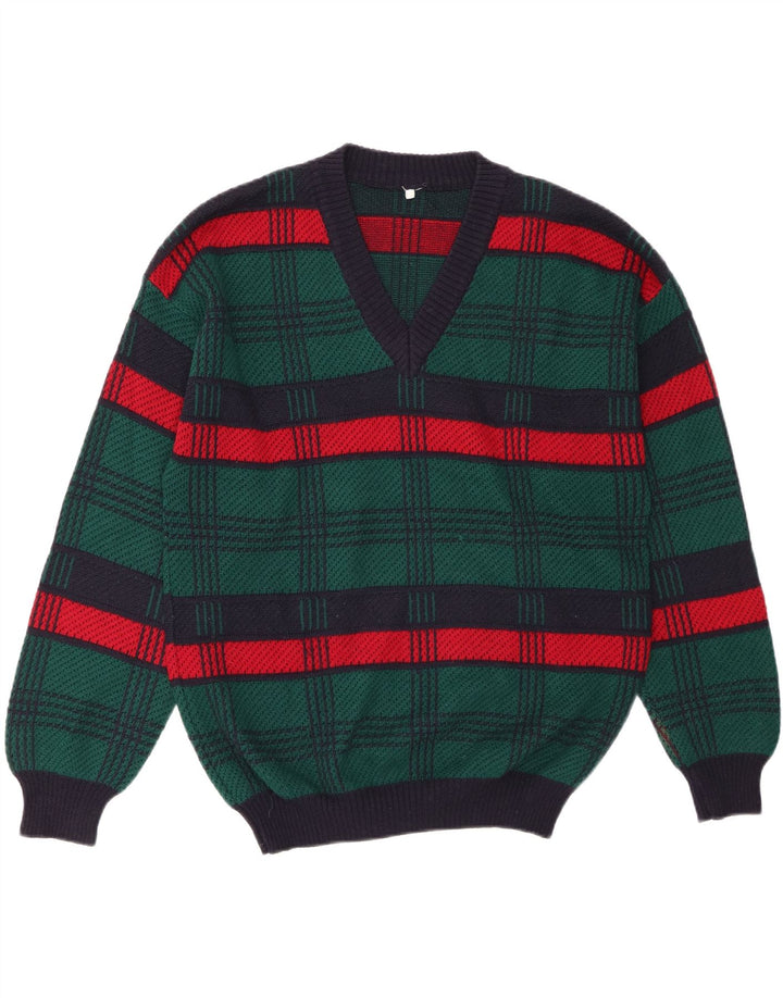 VINTAGE Męski sweter z dekoltem w kształcie litery V, duży, wełniany zielony w paski