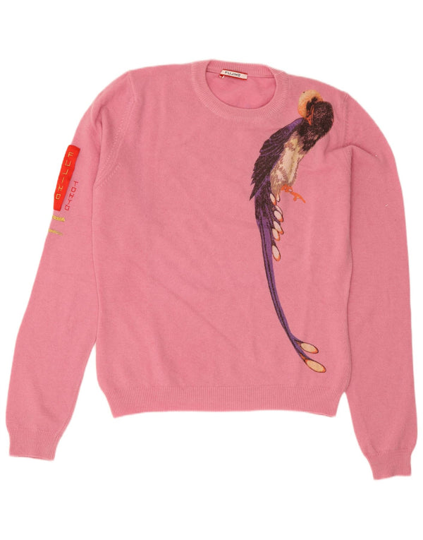 Vintage damski sweter z graficznym wycięciem pod szyją UK 10 Small Pink Bird