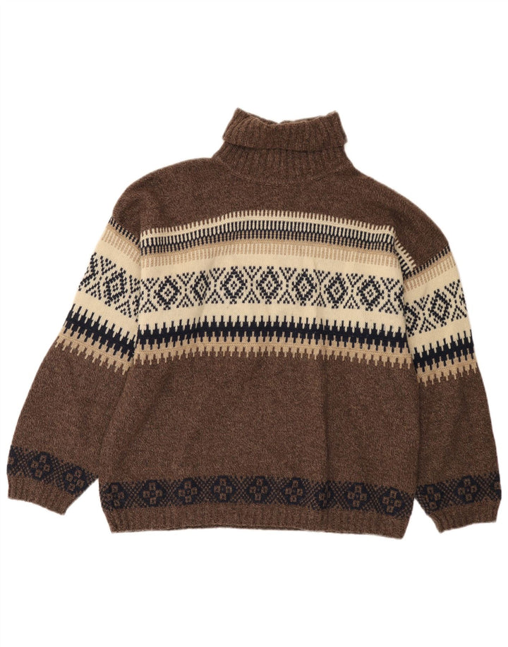Cytrynowy męski sweter z wywijanym dekoltem Średni brąz Fair Isle Wool