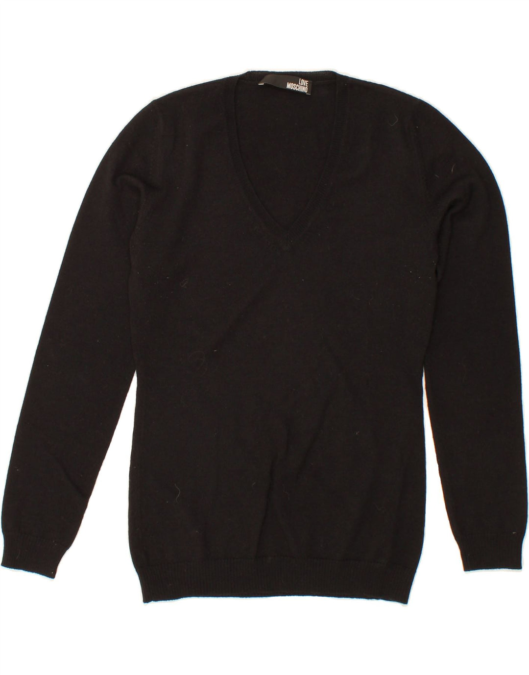 MOSCHINO Womens V-Neck Jumper Sweater UK 8 Small Black Wool Vintage Moschino and Second-Hand Moschino from Messina Hembry 