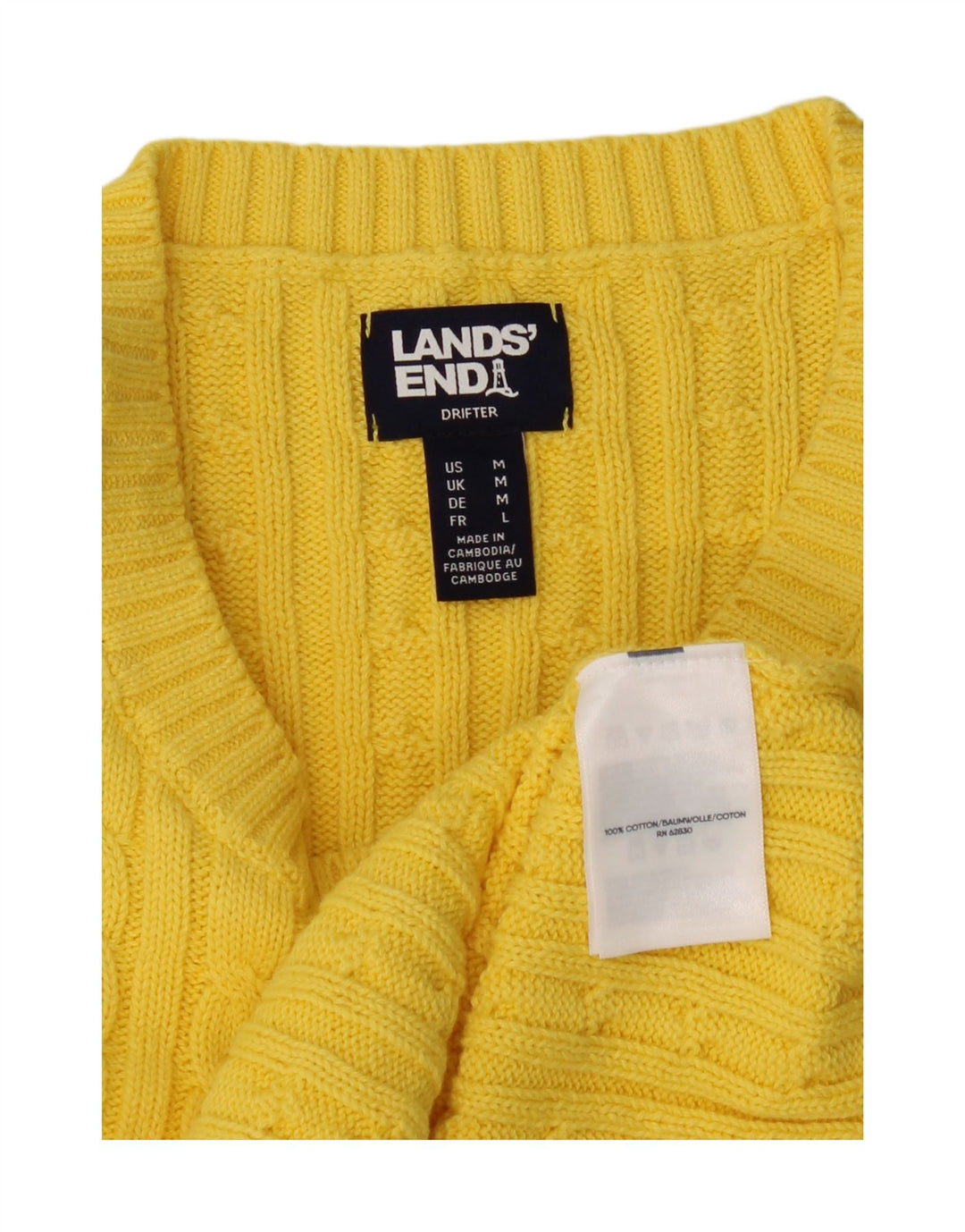 LANDS END Womens Crew Neck Jumper Sweater UK 14 Medium Yellow Cotton Vintage Lands End and Second-Hand Lands End from Messina Hembry 