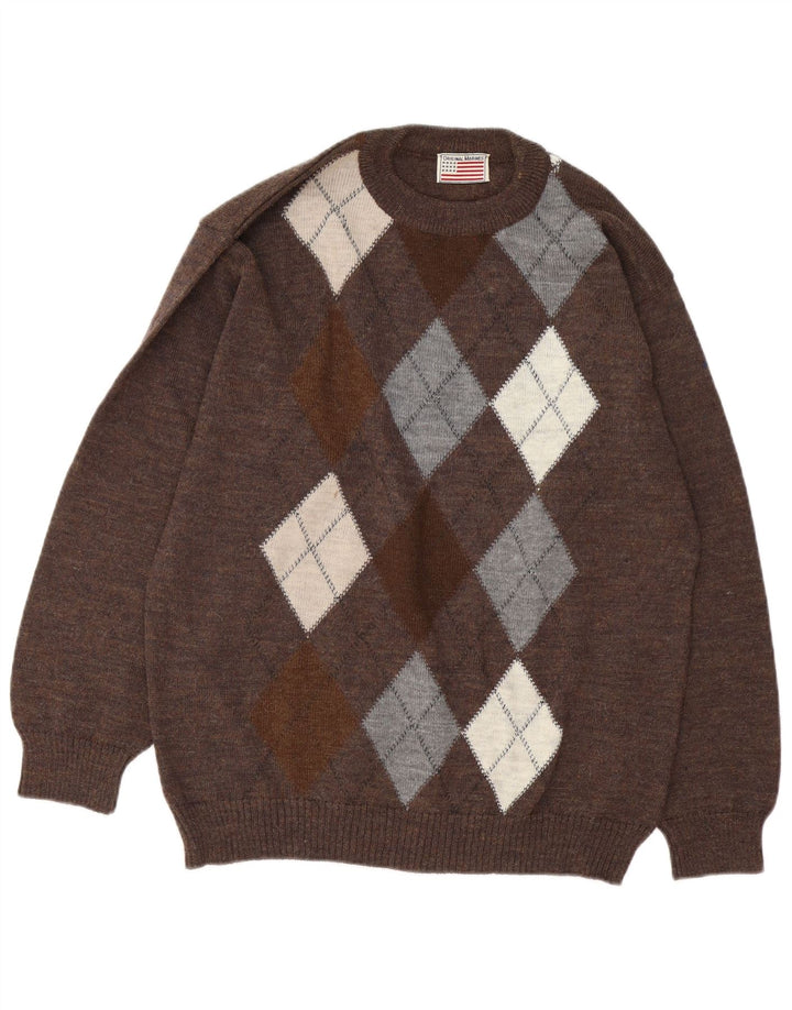 Vintage męski sweter z wycięciem pod szyją, duży brązowy Argyle/diament