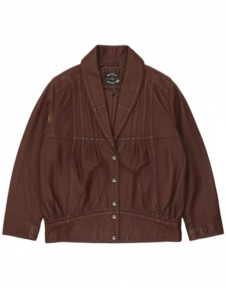 VINTAGE Womens Oversized Leather Jacket UK 10 Small Brown Leather