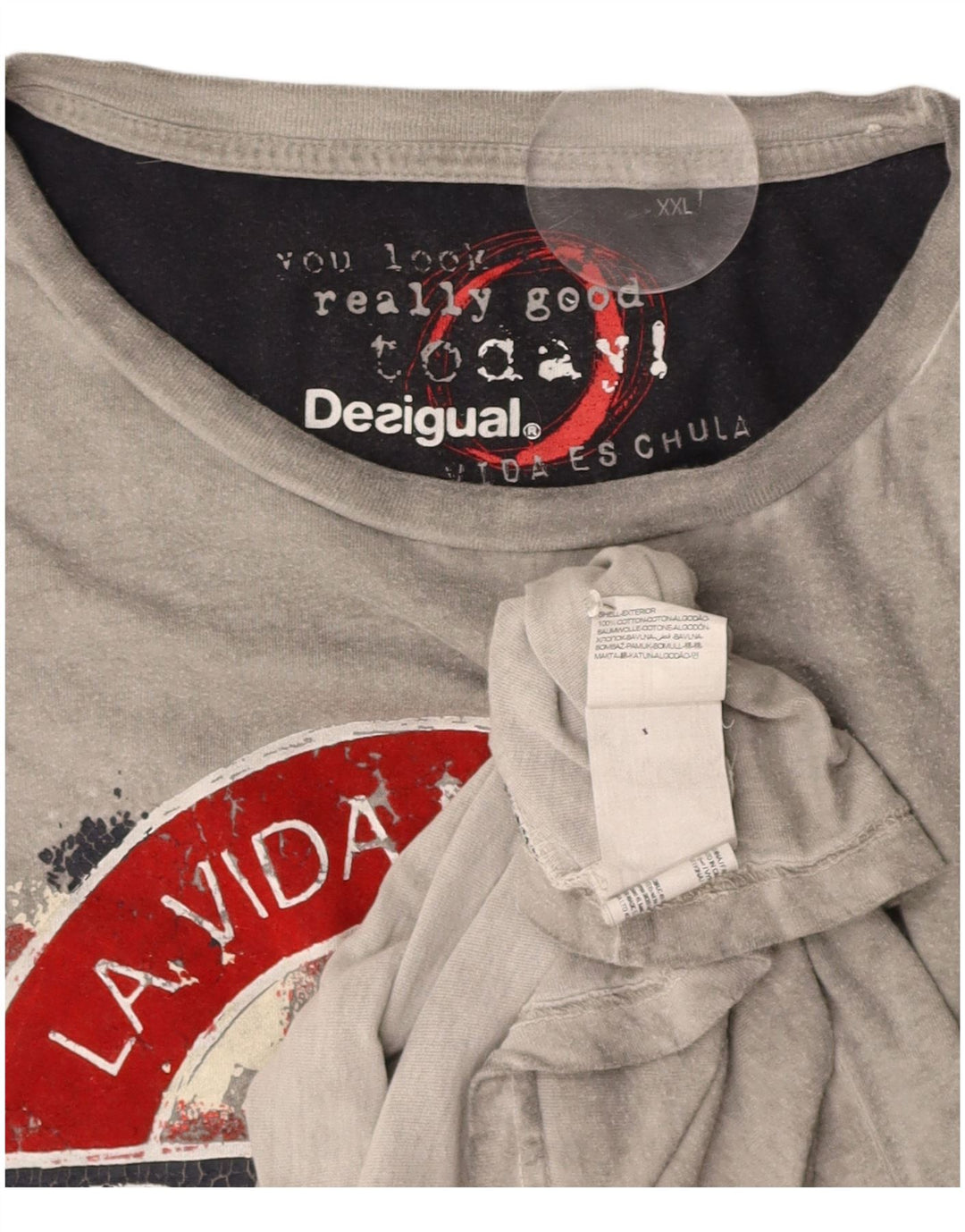 DESIGUAL Mens Graphic T-Shirt Top 2XL Grey Cotton