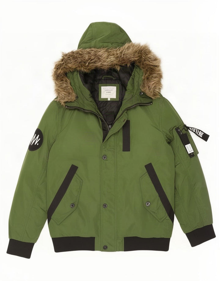 Męska wyściełana kurtka bomber z kapturem Jack & Jones UK 40, duża, zielona, poliestrowa