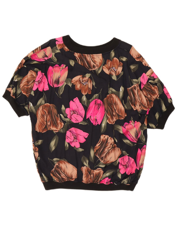 Vintage Womens Blouse Top UK 18 XL Black Floral Viscose
