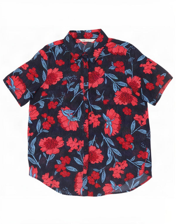 Zara Womens Short Sleeve Shirt Blouse UK 16 Large Navy Blue Floral