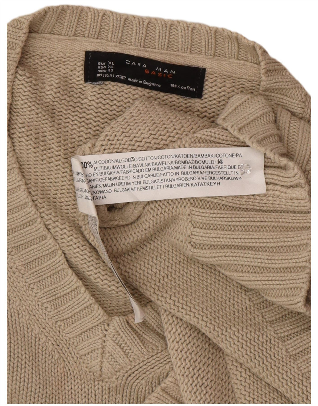 Zara Męski sweter z dekoltem w kształcie litery V, XL, beżowy, bawełniany