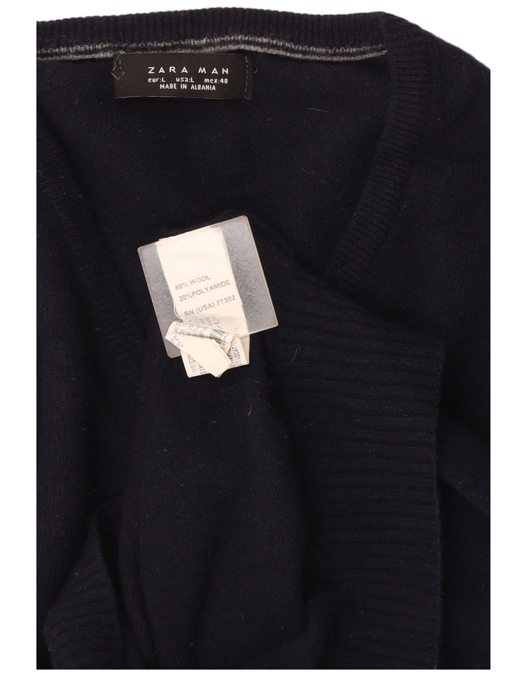 Męski sweter Zara z dekoltem w kształcie litery V, duży, granatowy, wełniany