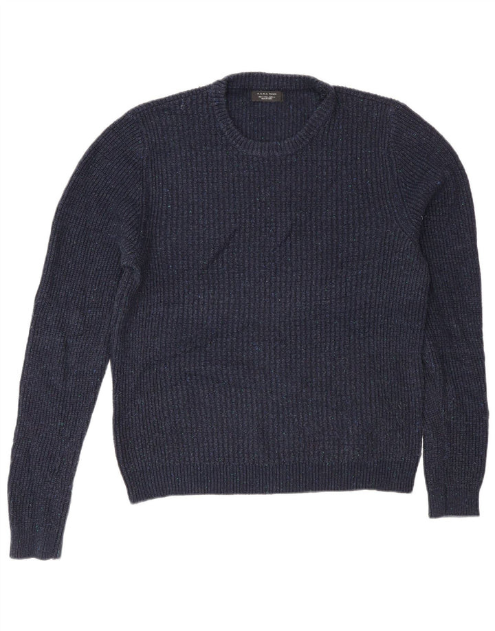 Męski sweter Zara z okrągłym dekoltem, duży, granatowy, akrylowy