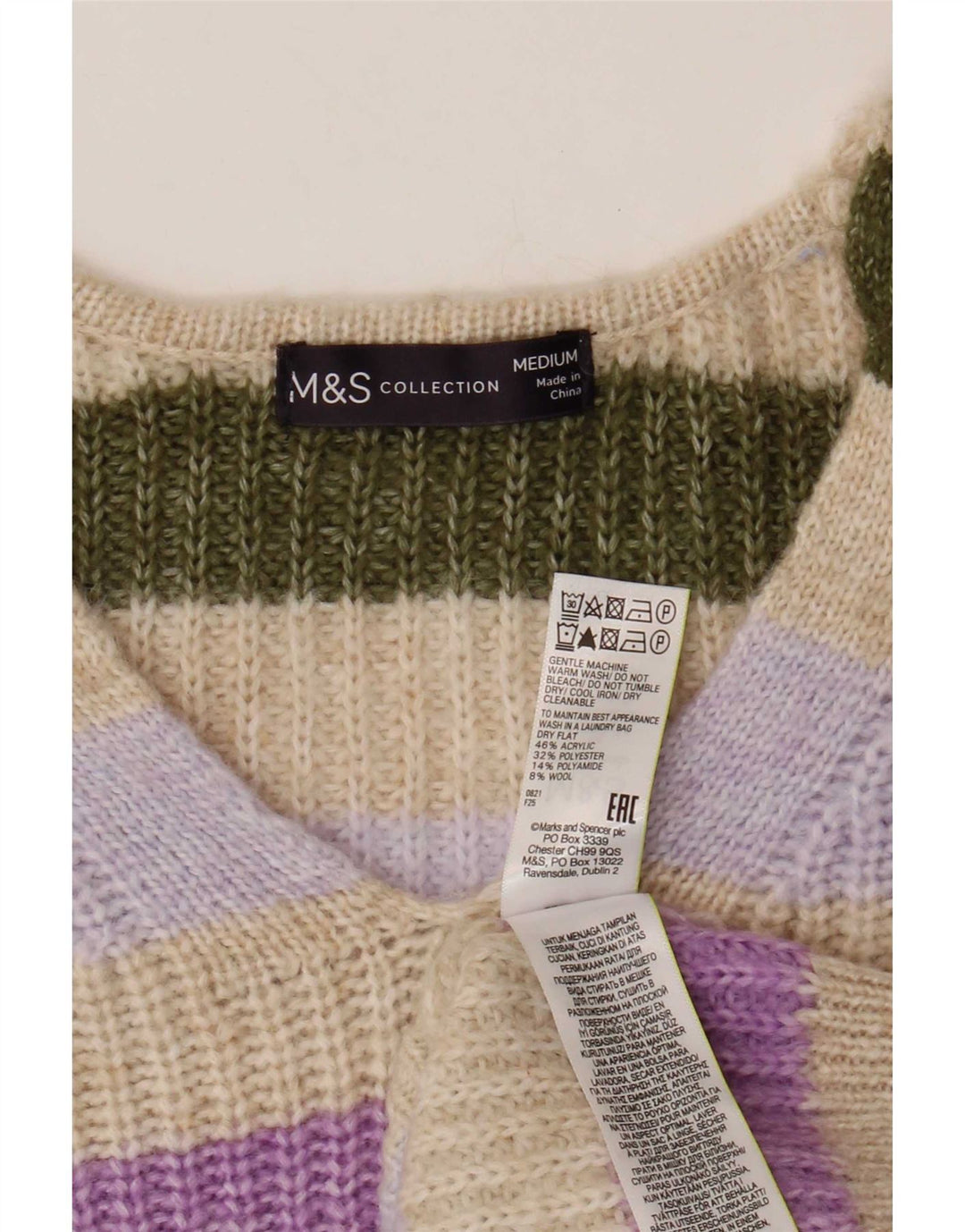Sweter damski Marks & Spencer z dekoltem w kształcie litery V, UK 14, średni beż w paski