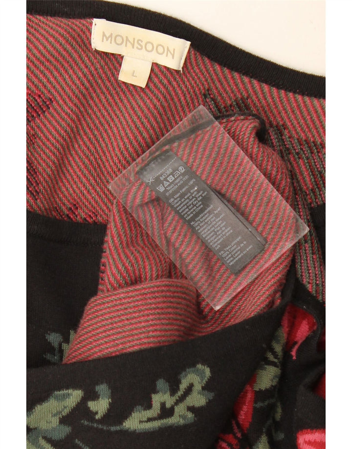 Damska sukienka sweterkowa MONSOON z długim rękawem UK 16, duża, czarna, z bawełny w kwiaty