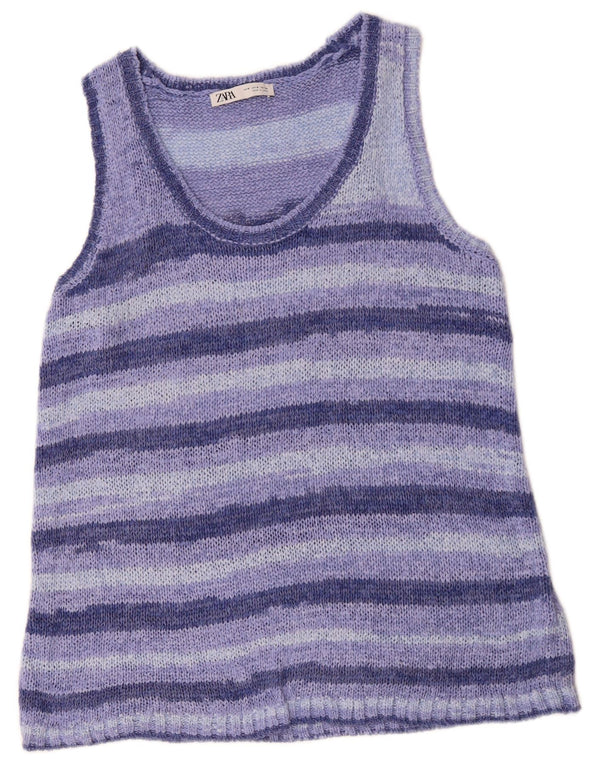 ZARA Womens Vest Tank Top UK 14 Medium Blue Striped Acrylic