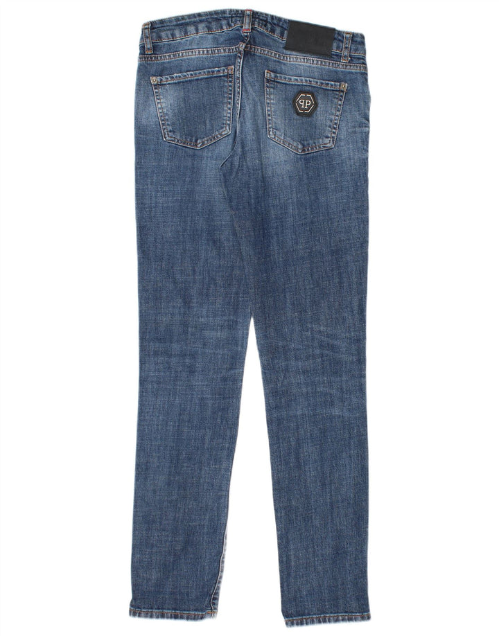 PHILIPP PLEIN Damskie jeansy typu slim, proste, w trudnej sytuacji W28 L30, niebieska bawełna