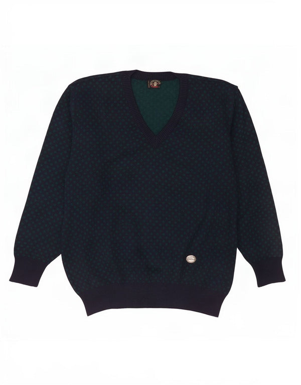 Vintage męski sweter z dekoltem w kształcie litery V XL granatowy, geometryczny wełniany