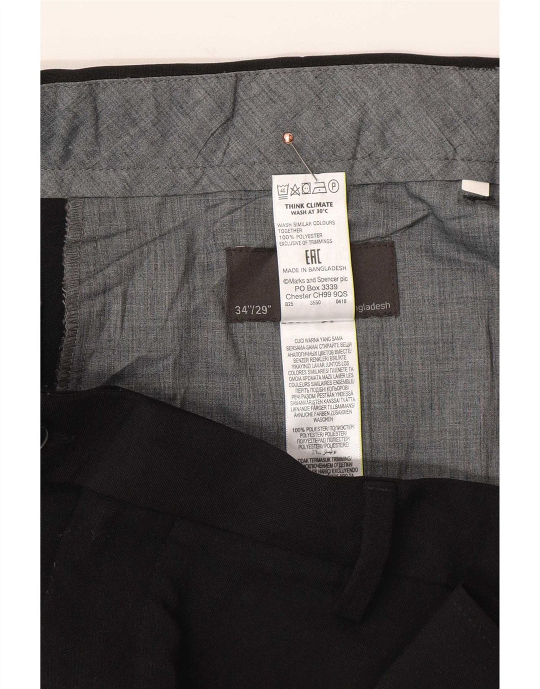 Męskie spodnie garniturowe Marks & Spencer W34 L29, czarny poliester