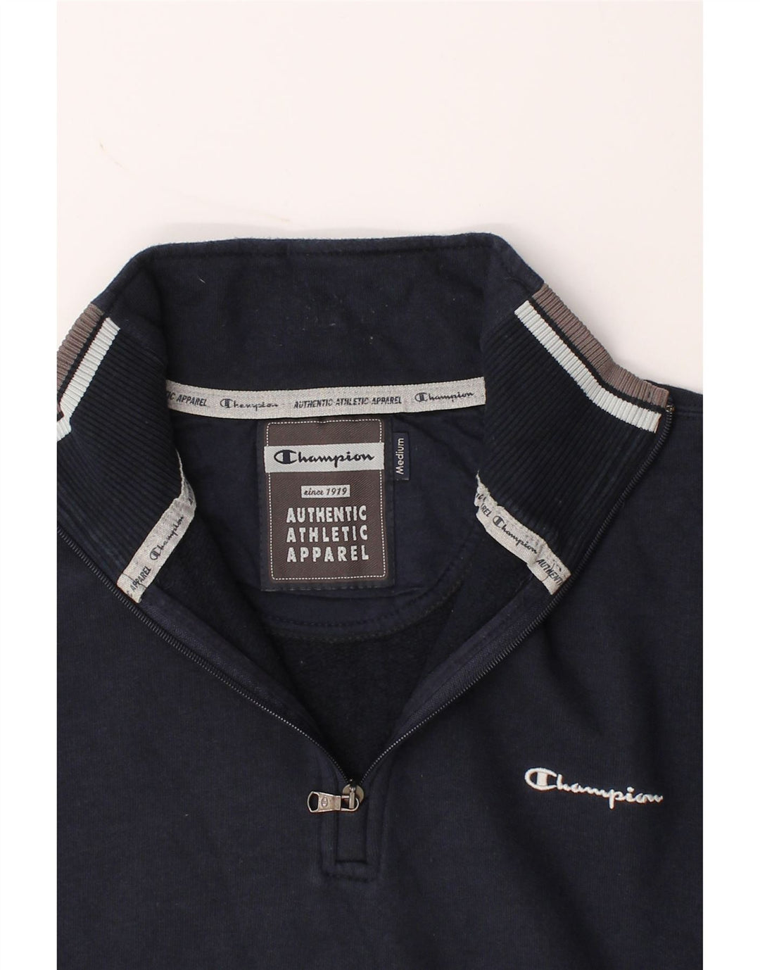 CHAMPION Mens Zip Neck Sweatshirt Jumper Medium Navy Blue Cotton Vintage Champion and Second-Hand Champion from Messina Hembry 