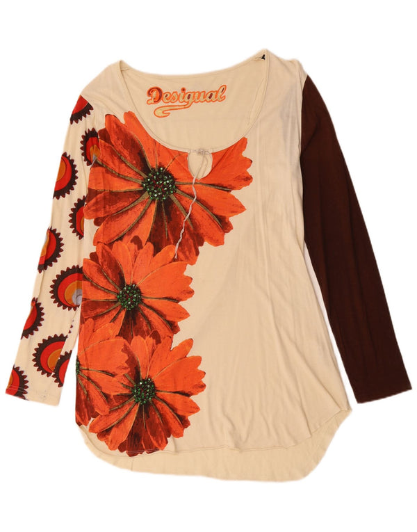 Desigual damski top graficzny z długim rękawem, UK 18 XL, w kolorze złamanej bieli, bawełniany w kwiaty