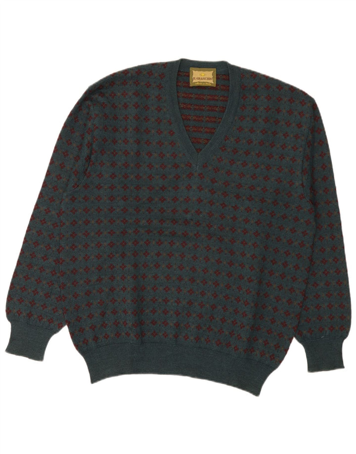 Il Granchio Męski sweter z dekoltem w serek Średni zielony Fair Isle Wool