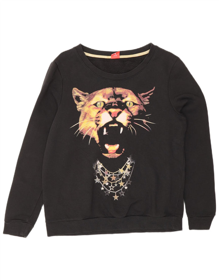 PUMA Womens Graphic Sweatshirt Jumper UK 14 Large Black Cotton