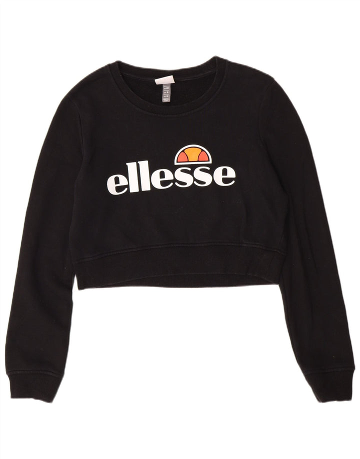 ELLESSE Womens Crop Graphic Sweatshirt Jumper UK 14 Medium Black Cotton