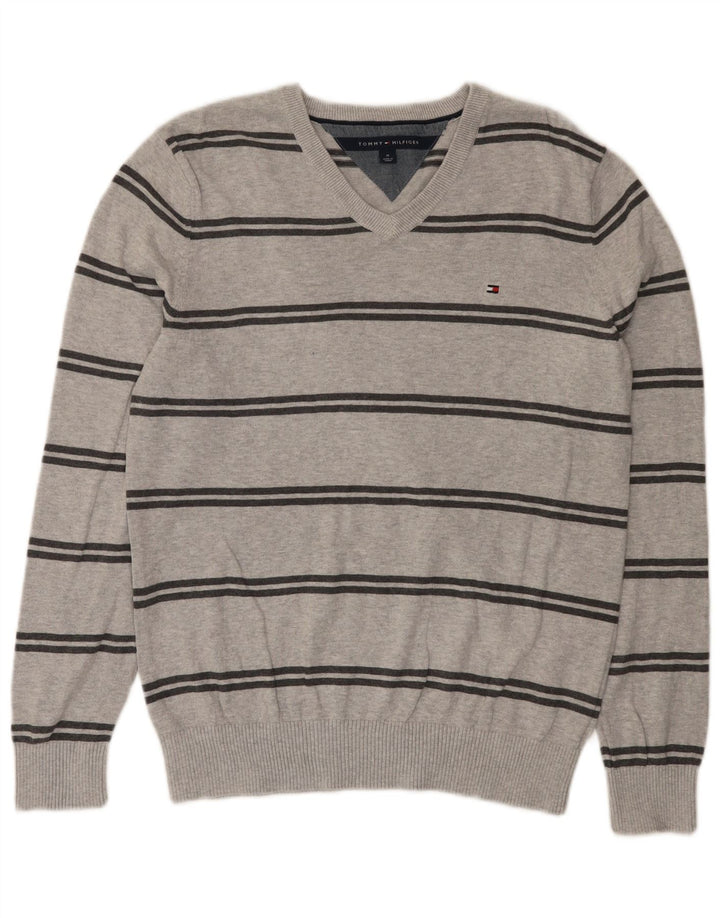 Męski sweter Tommy Hilfiger z dekoltem w kształcie litery V, bawełniany w średnie szare paski