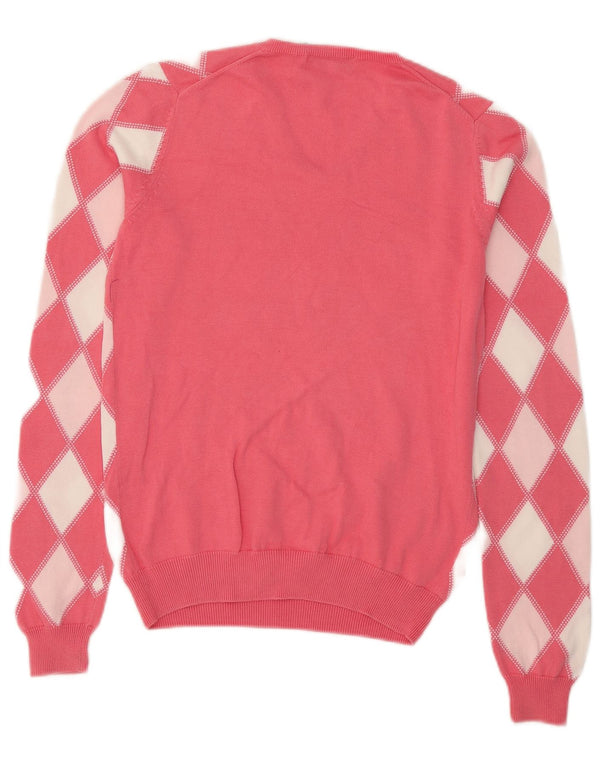 Sweter damski Lyle & Scott z dekoltem w kształcie litery V, UK 10, mały, różowy, argyle/diament