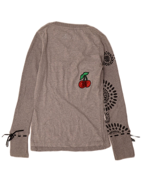 Desigual damski top graficzny z długim rękawem UK 10, mały, szary w kwiaty