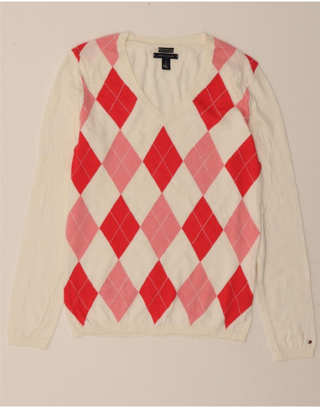 TOMMY HILFIGER Womens V-Neck Jumper Sweater UK 12 Medium White Vintage Tommy Hilfiger and Second-Hand Tommy Hilfiger from Messina Hembry 