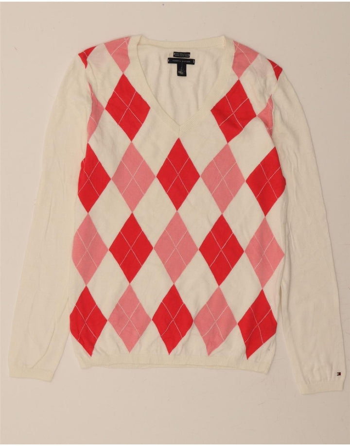 TOMMY HILFIGER Womens V-Neck Jumper Sweater UK 12 Medium White Vintage Tommy Hilfiger and Second-Hand Tommy Hilfiger from Messina Hembry 