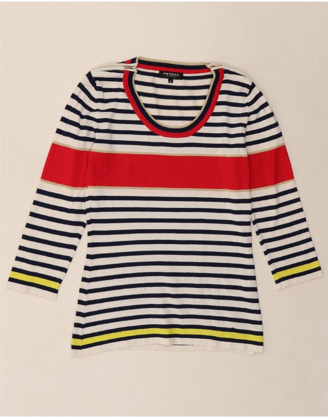 MORGAN Womens Top 3/4 Sleeve UK 12 Medium Navy Blue Striped Viscose Vintage Morgan and Second-Hand Morgan from Messina Hembry 