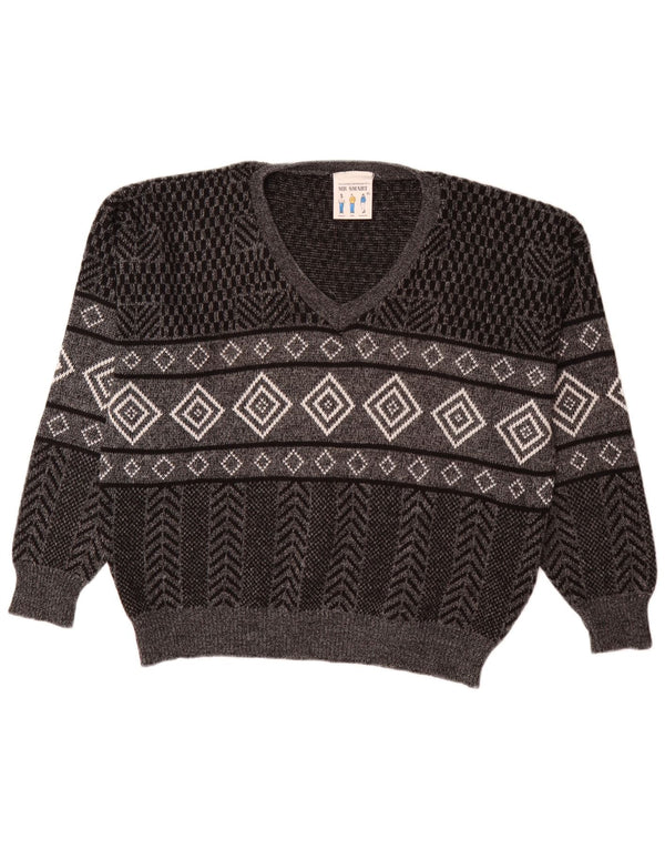 Vintage męski sweter z dekoltem w kształcie litery V, XL, szary, geometryczny akryl